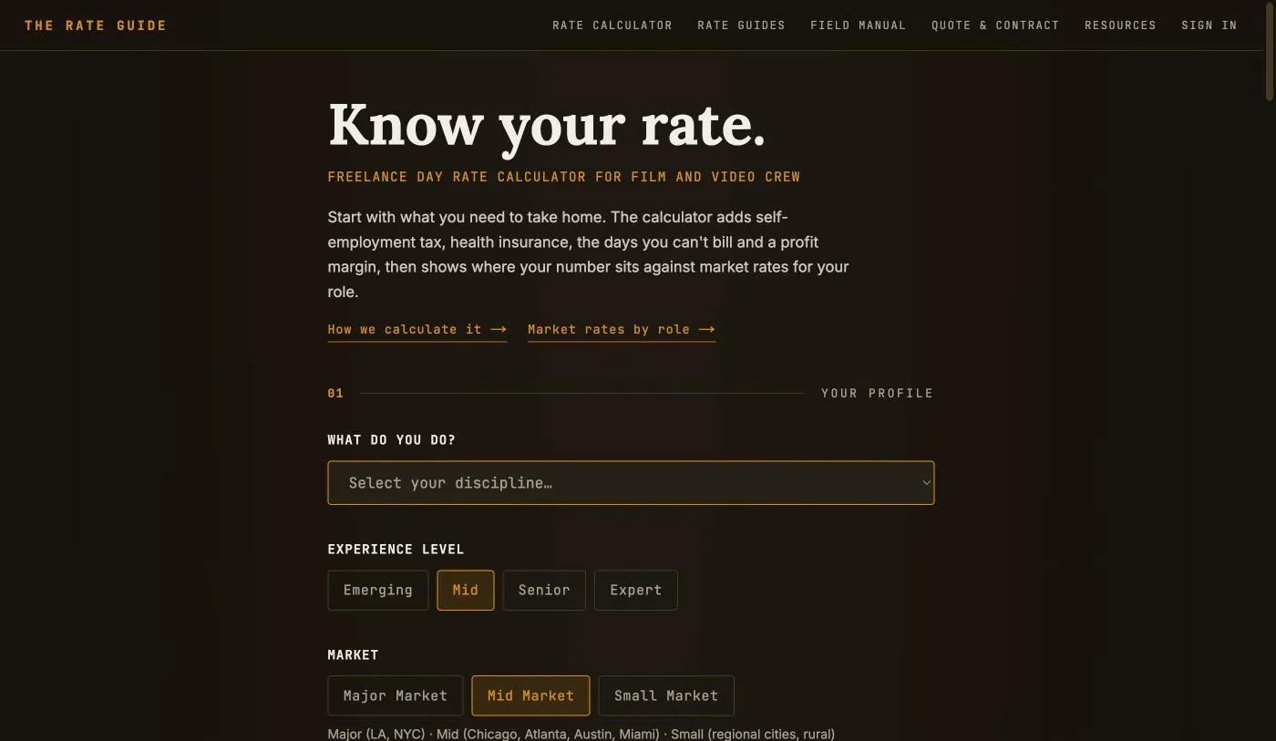 The Rate Guide homepage: a day-rate calculator for film and video crew, dark interface with amber accents