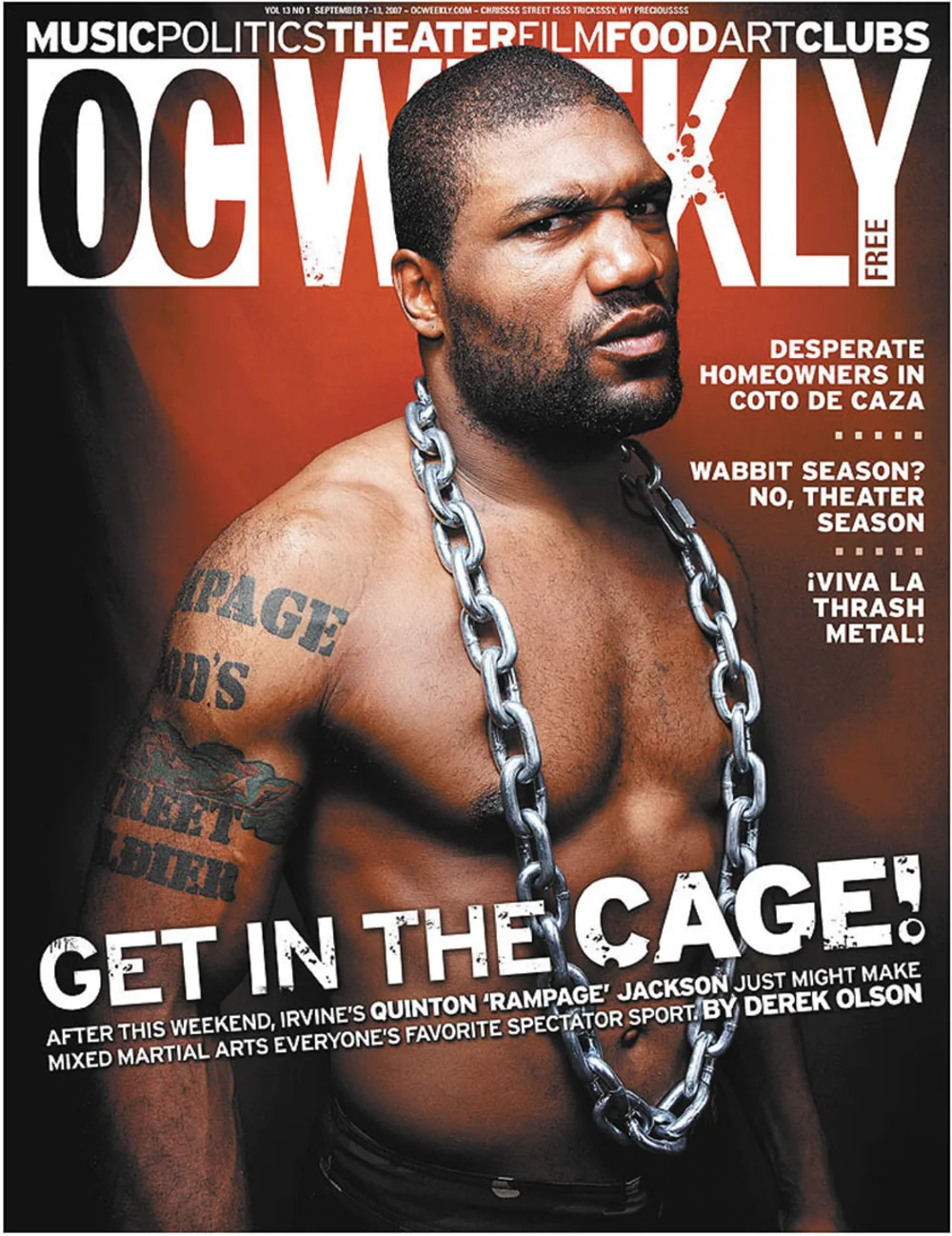 OC Weekly cover: Quinton 'Rampage' Jackson shirtless in a heavy chain, with the headline Get in the Cage!