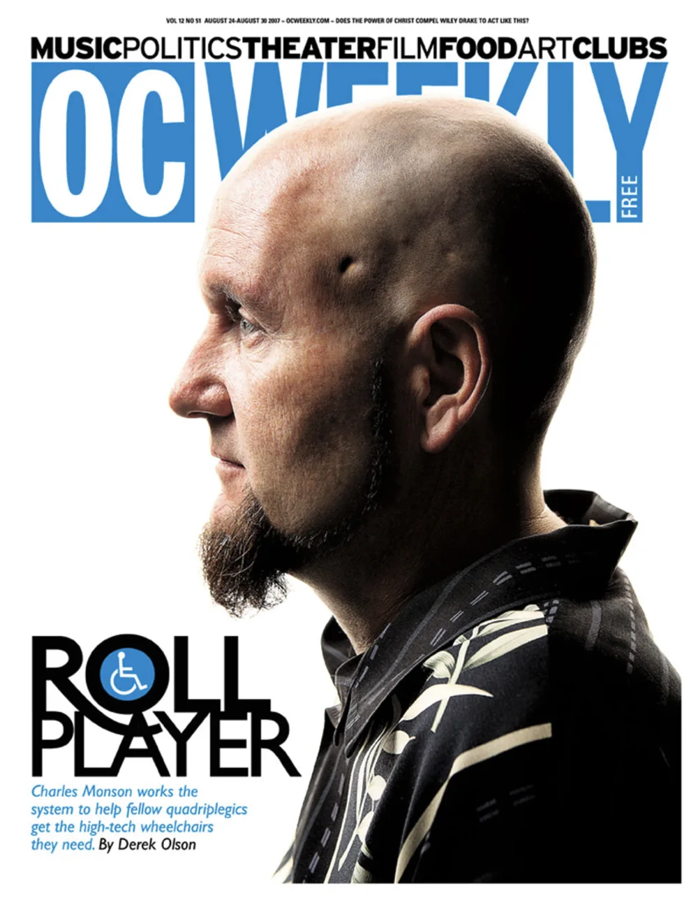 OC Weekly cover: a bald man in profile, with the headline Roll Player