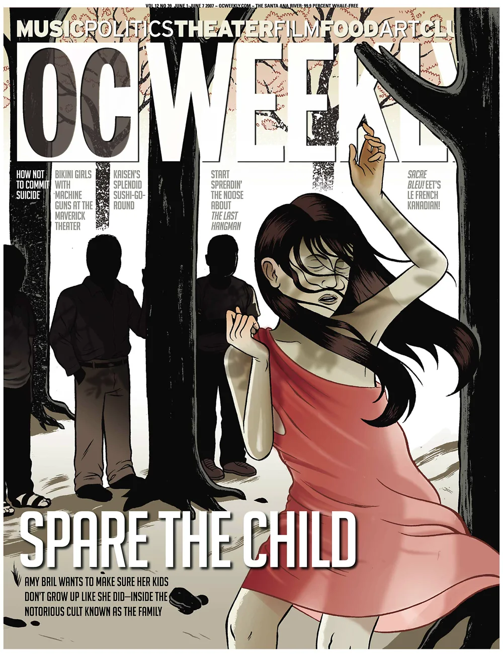 OC Weekly cover: an illustrated woman in a red dress among dark trees, with the headline Spare the Child